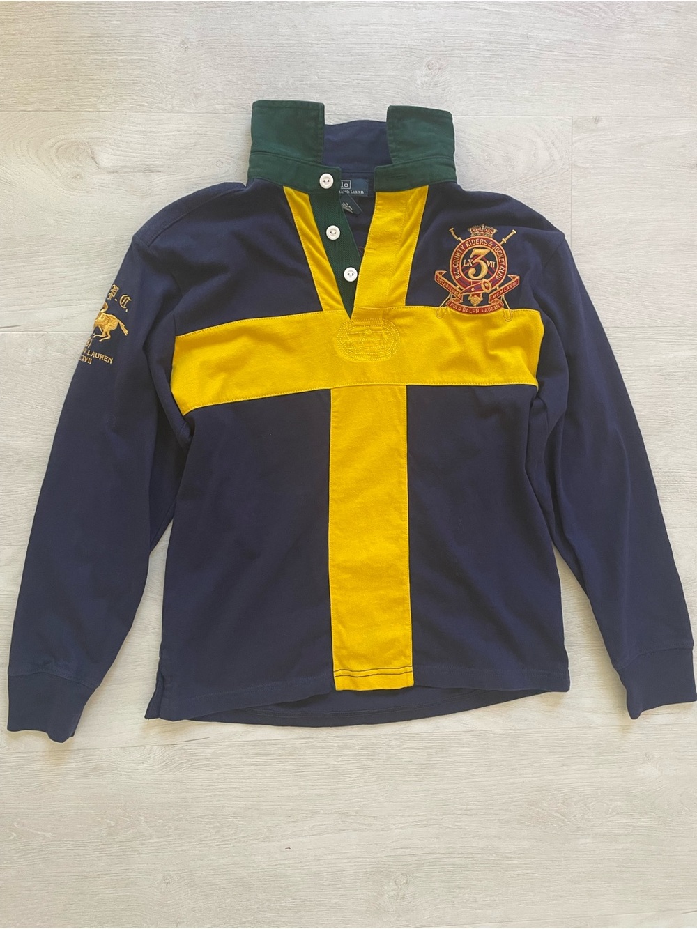 Polo by Ralph Lauren Navy Rugby Shirt with Yellow Cross and Green Collar